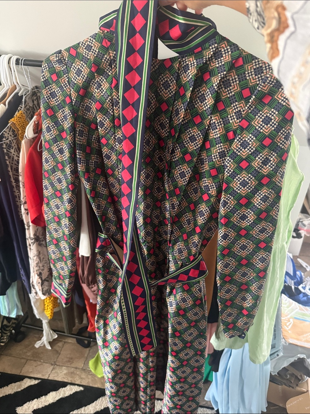 Vintage Geometric Print Dress with Contrasting collar belt and waist belt